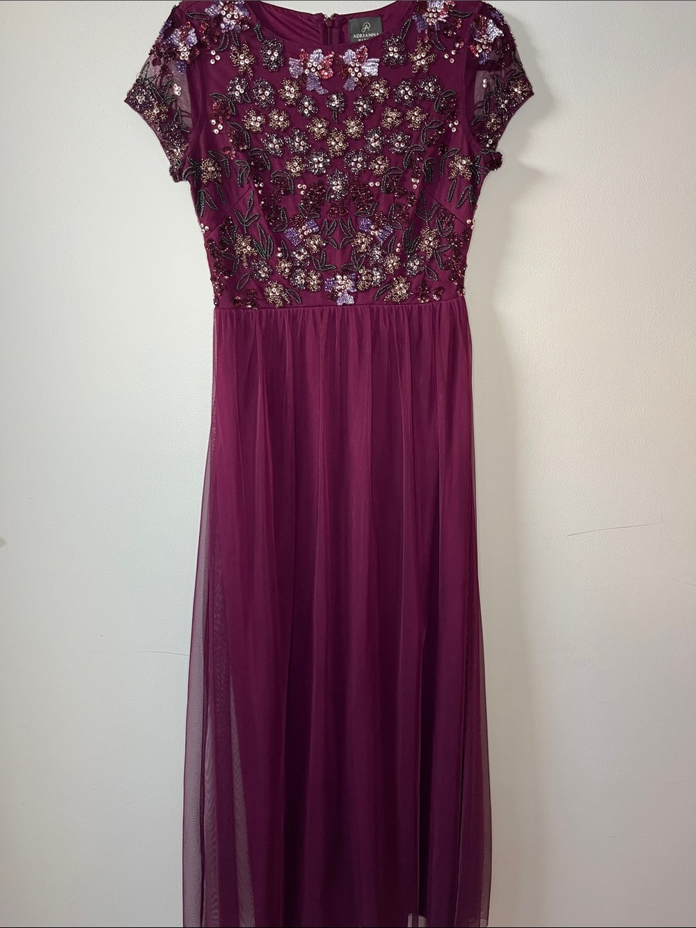 Adrianna Papell Beaded Floral Embroidery magenta plum maxi formal dress - Picture 2 of 7